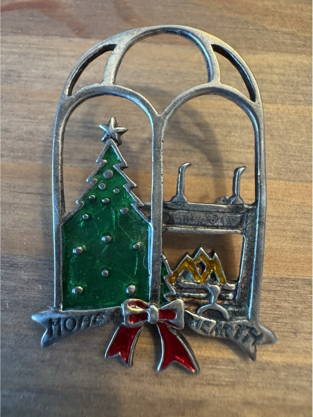 Vintage JEZLAINE Sterling Silver 925 Enamel Home Hearth Christmas Window Brooch